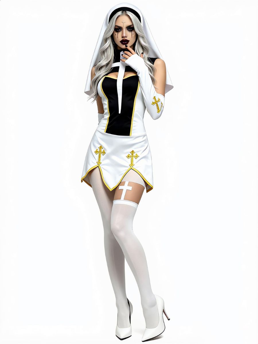 Anime Holy Sister Nun Uniform Costume Sleeveless Cross Cutout Mini Dress Set 