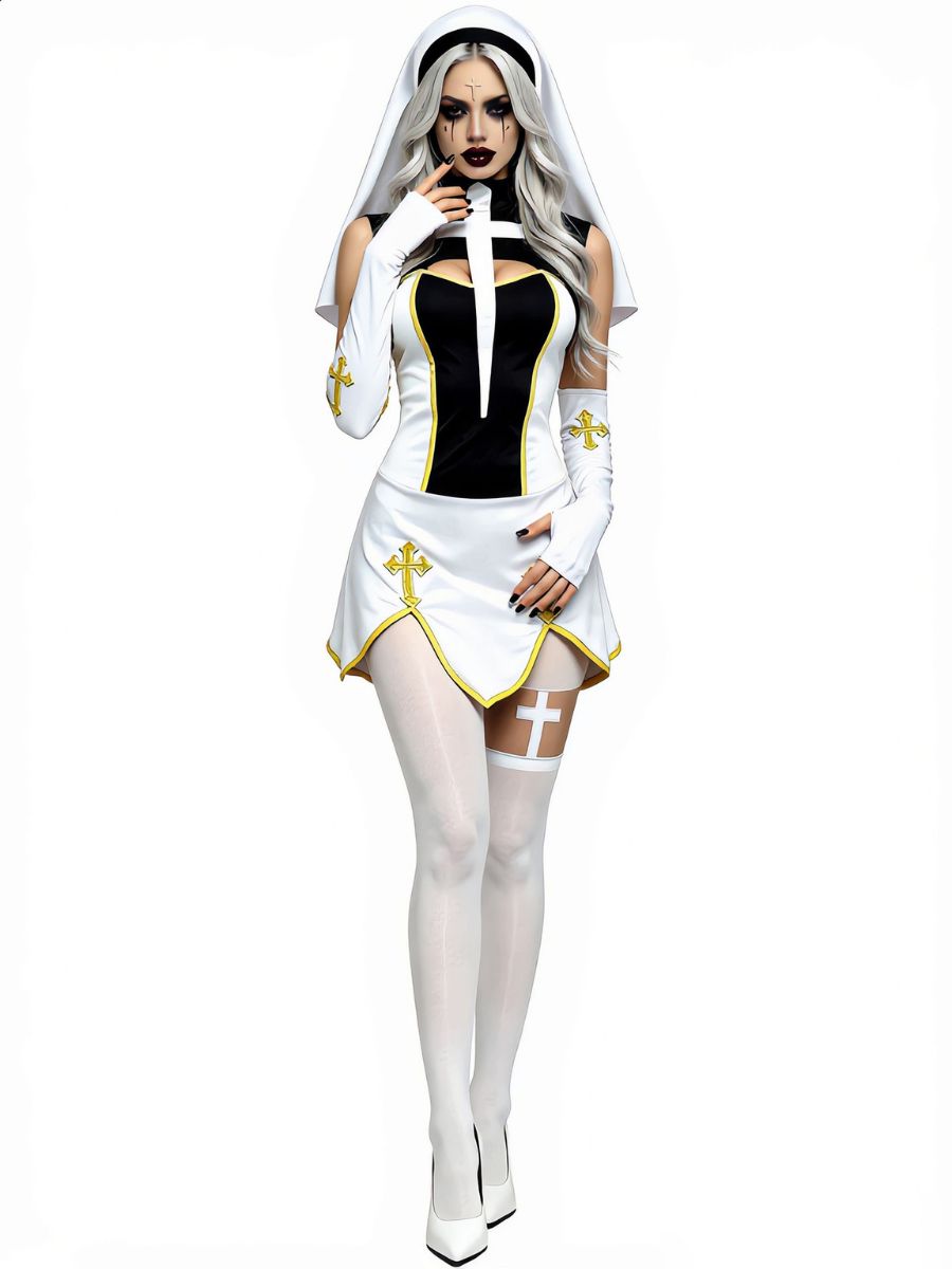 Anime Holy Sister Nun Uniform Costume Sleeveless Cross Cutout Mini Dress Set 