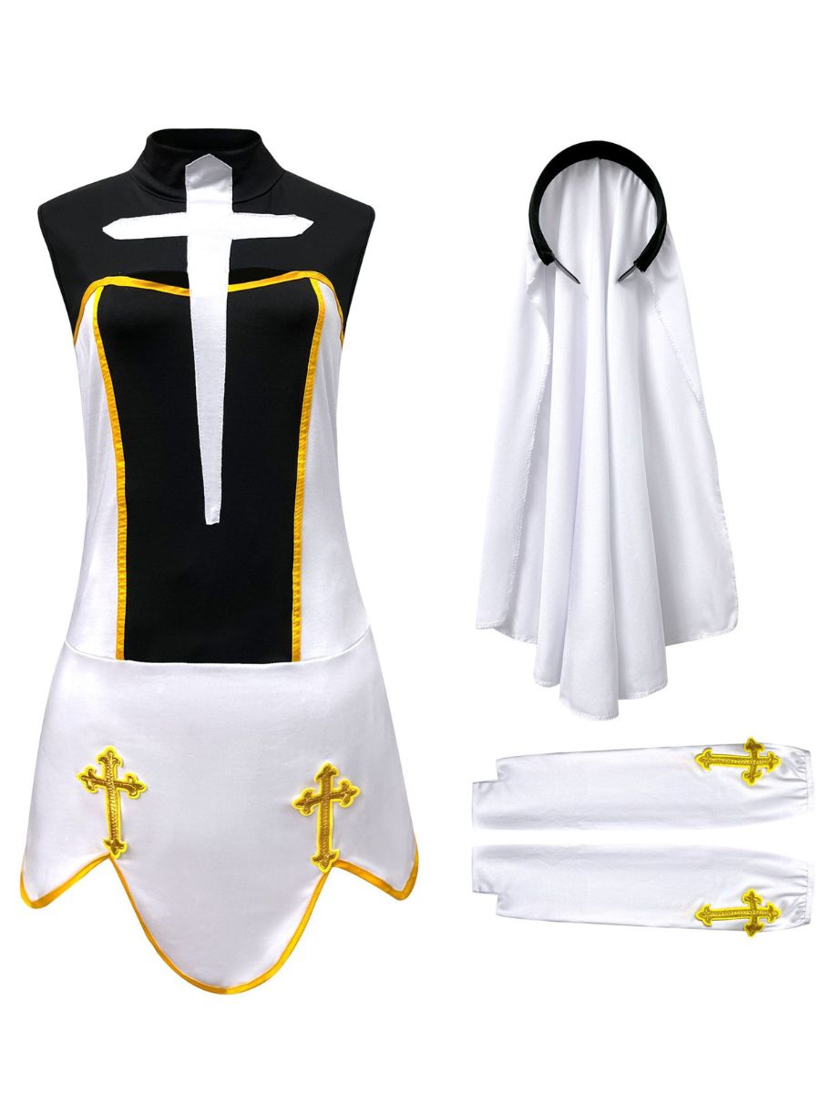 Anime Holy Sister Nun Uniform Costume Sleeveless Cross Cutout Mini Dress Set 