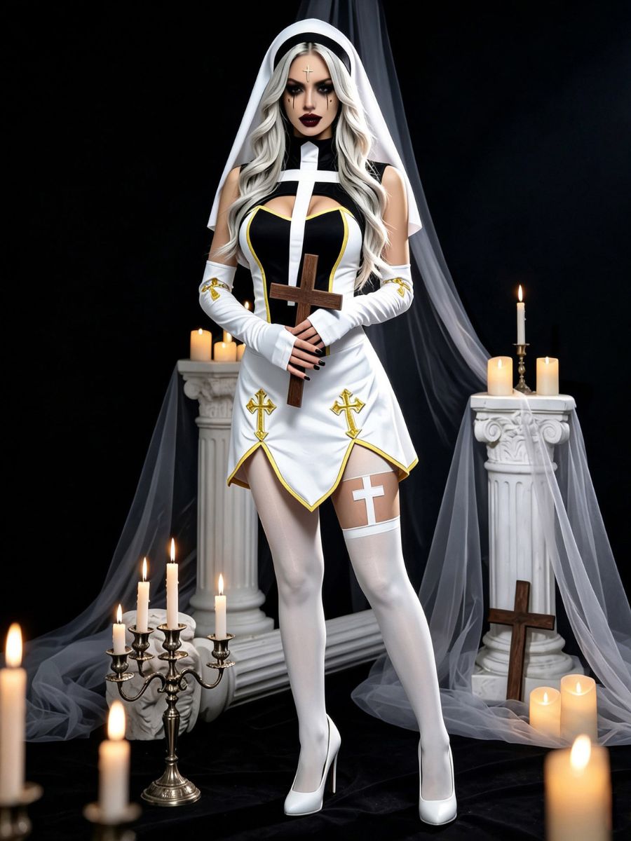 Anime Holy Sister Nun Uniform Costume Sleeveless Cross Cutout Mini Dress Set 
