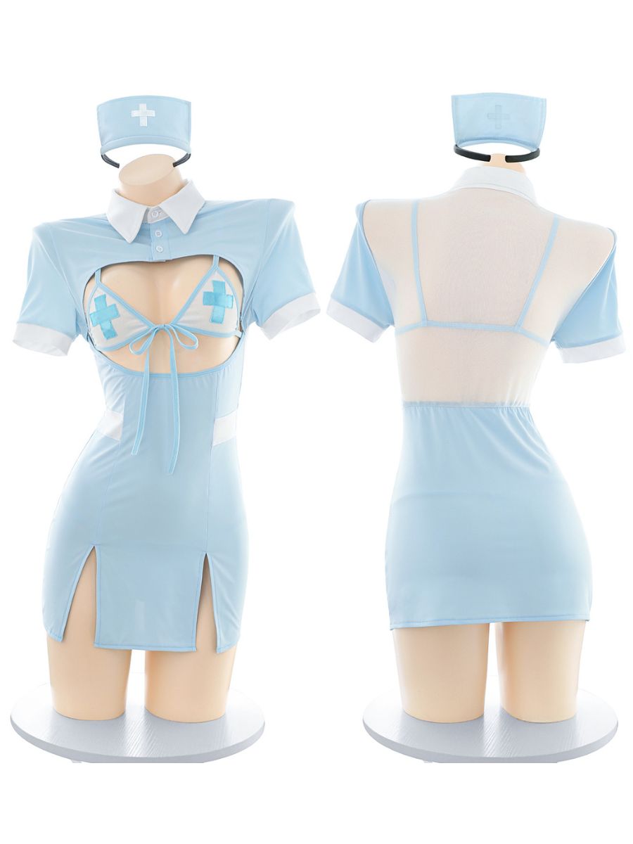 Anime Nurse Cosplay Lingerie Set Blue Open Cup Dress with Bikini Top