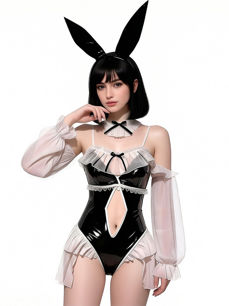 Kawaii Bunny Girl Cosplay Set Anime PU Leather Bodysuit with Ruffled Chiffon Sleeves 