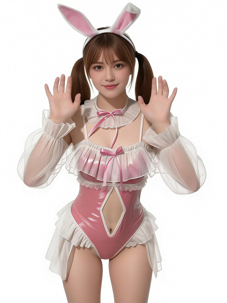 Kawaii Bunny Girl Cosplay Set Anime PU Leather Bodysuit with Ruffled Chiffon Sleeves 