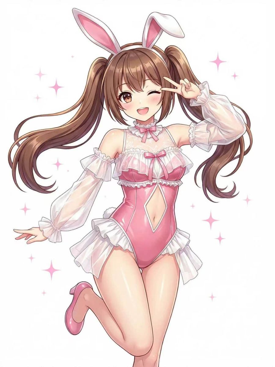 Kawaii Bunny Girl Cosplay Set Anime PU Leather Bodysuit with Ruffled Chiffon Sleeves 