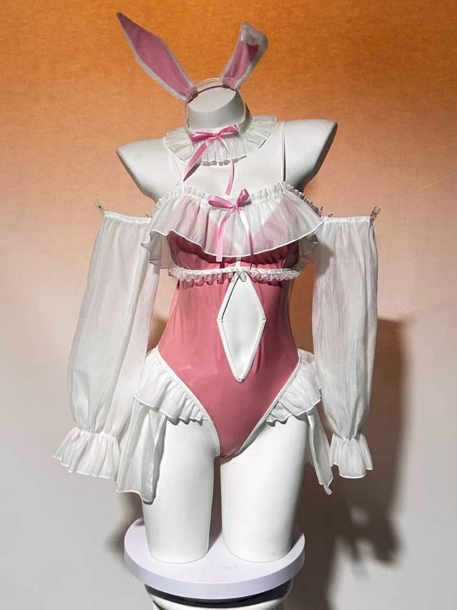 Kawaii Bunny Girl Cosplay Set Anime PU Leather Bodysuit with Ruffled Chiffon Sleeves 