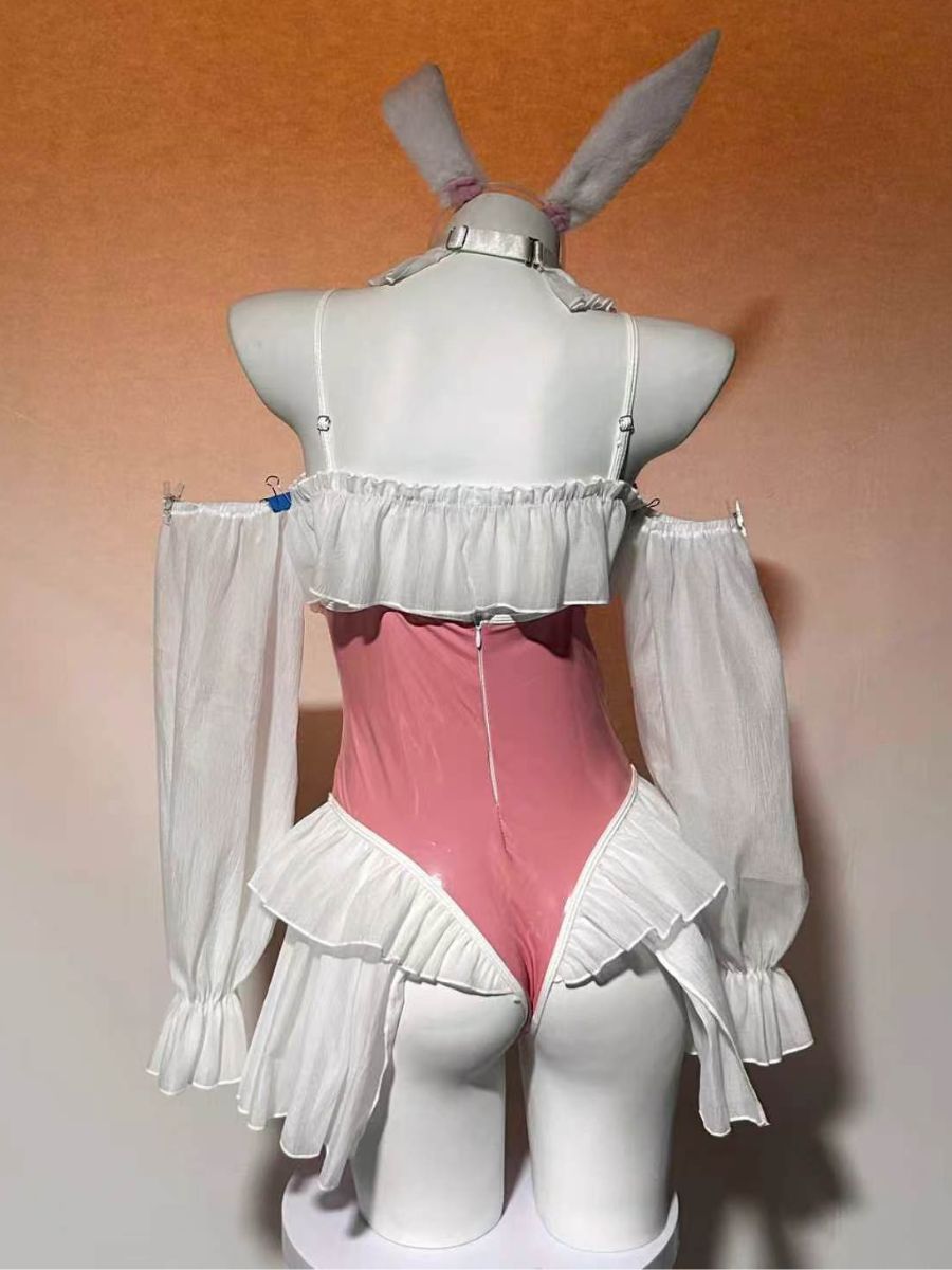 Kawaii Bunny Girl Cosplay Set Anime PU Leather Bodysuit with Ruffled Chiffon Sleeves 