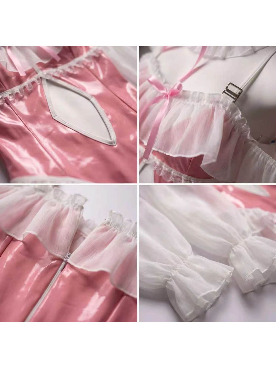 Kawaii Bunny Girl Cosplay Set Anime PU Leather Bodysuit with Ruffled Chiffon Sleeves 