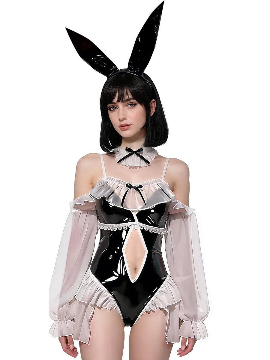 Kawaii Bunny Girl Cosplay Set Anime PU Leather Bodysuit with Ruffled Chiffon Sleeves 