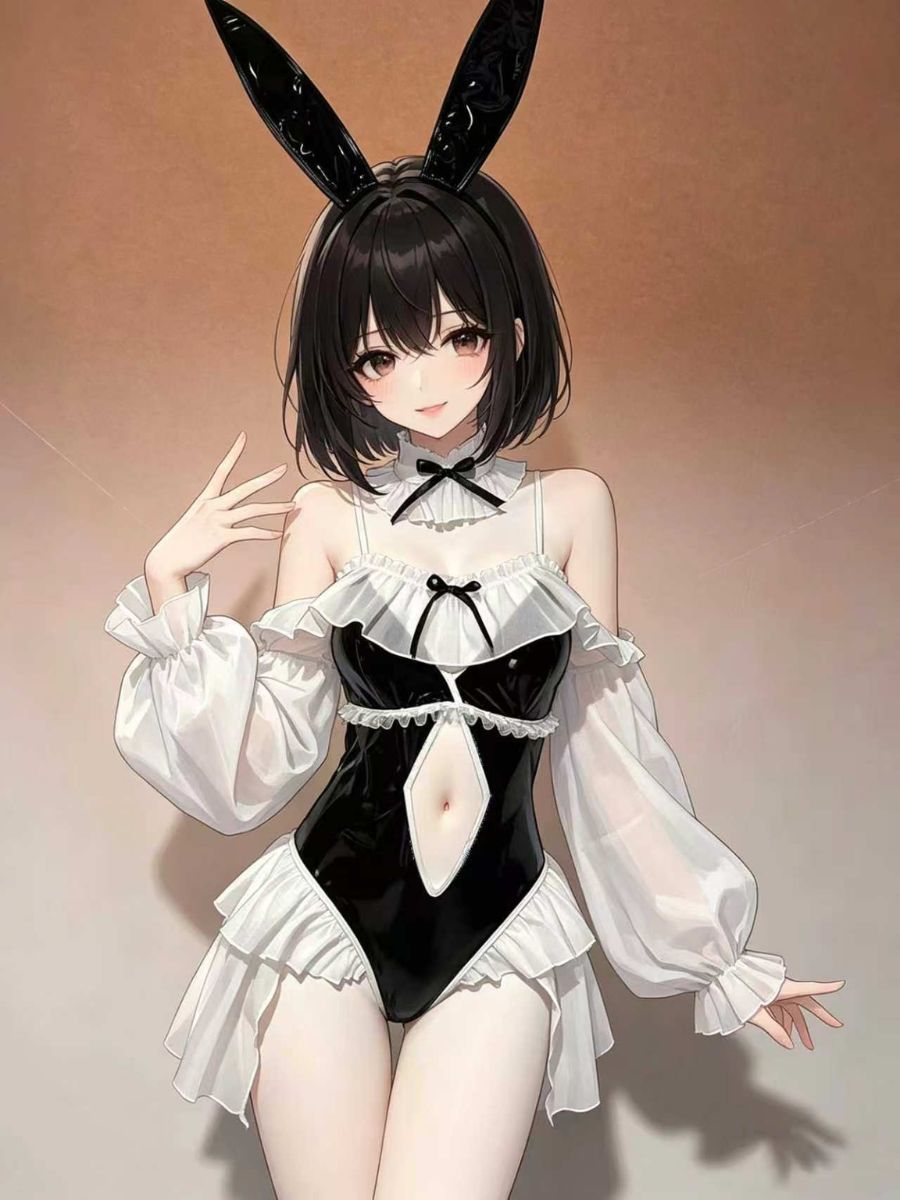 Kawaii Bunny Girl Cosplay Set Anime PU Leather Bodysuit with Ruffled Chiffon Sleeves 