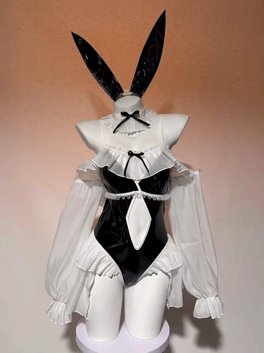 Kawaii Bunny Girl Cosplay Set Anime PU Leather Bodysuit with Ruffled Chiffon Sleeves 