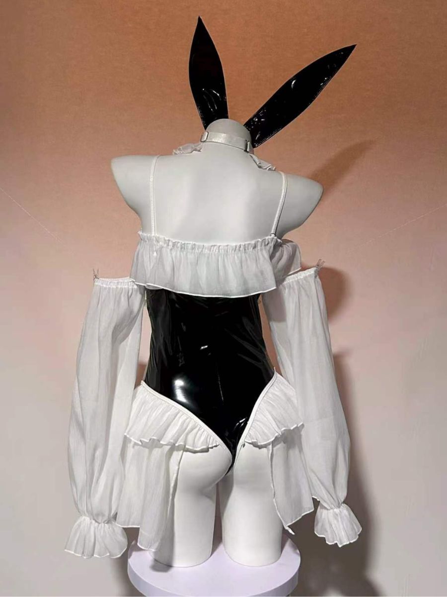 Kawaii Bunny Girl Cosplay Set Anime PU Leather Bodysuit with Ruffled Chiffon Sleeves 