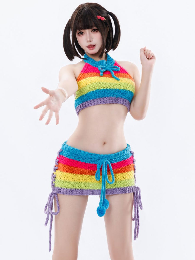 Anime Rainbow Crochet Cosplay Set Sexy Knit Halter Top and Lace-Up Mini Skirt