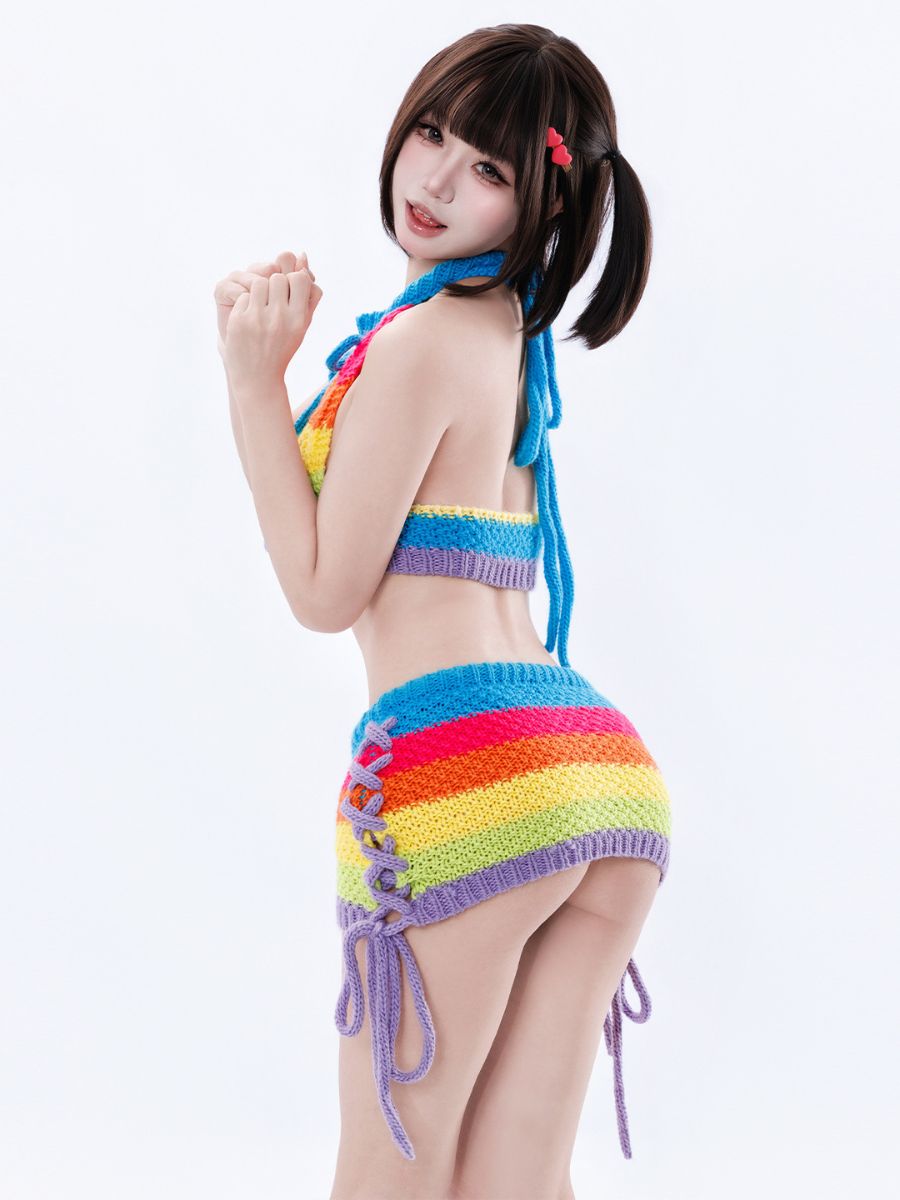 Anime Rainbow Crochet Cosplay Set Sexy Knit Halter Top and Lace-Up Mini Skirt