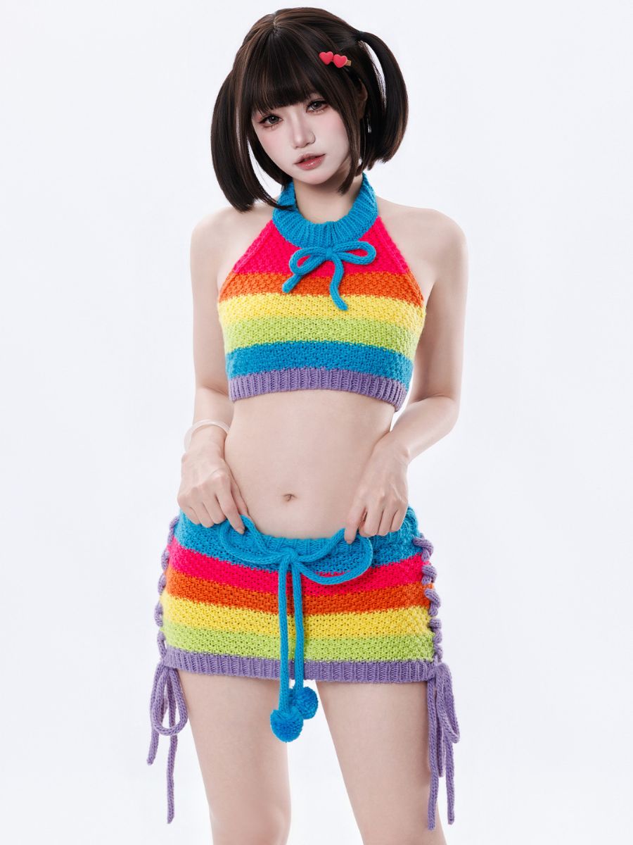 Anime Rainbow Crochet Cosplay Set Sexy Knit Halter Top and Lace-Up Mini Skirt