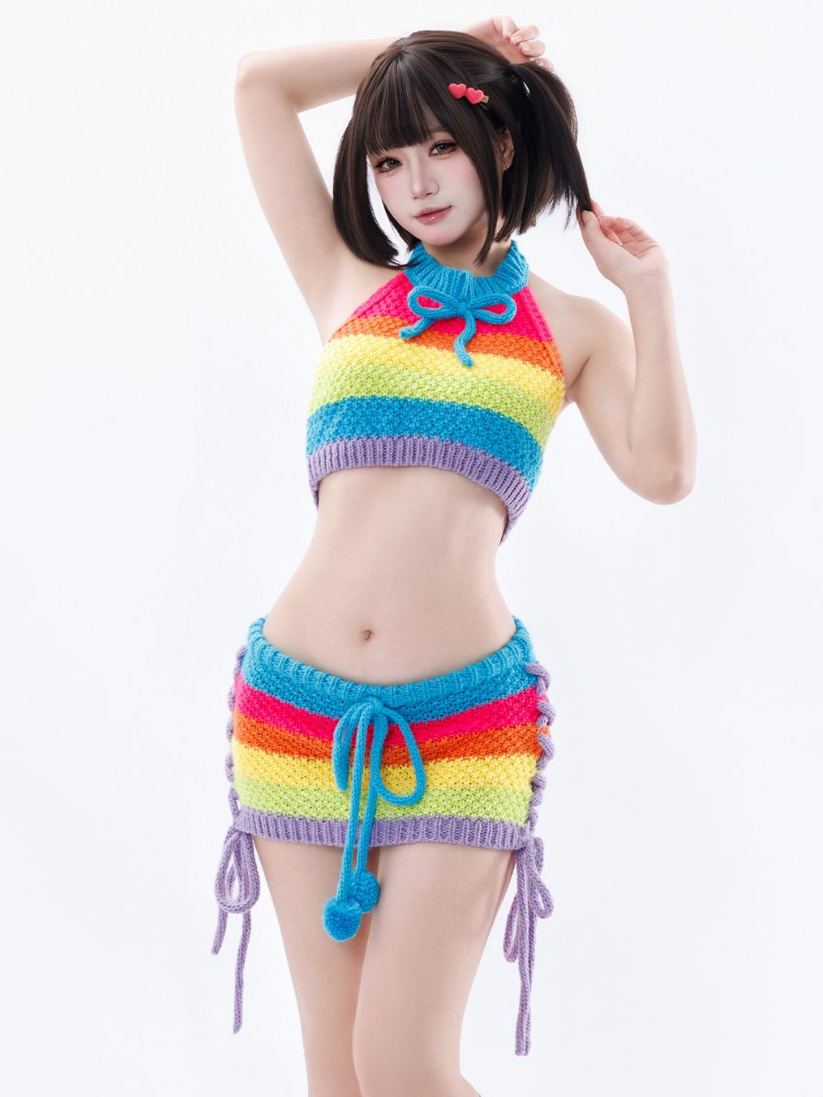 Anime Rainbow Crochet Cosplay Set Sexy Knit Halter Top and Lace-Up Mini Skirt
