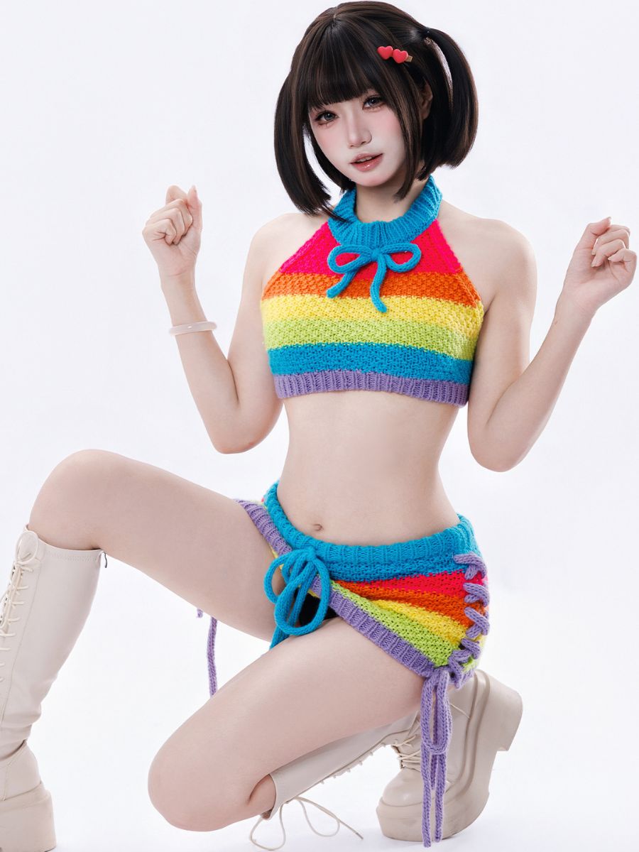 Anime Rainbow Crochet Cosplay Set Sexy Knit Halter Top and Lace-Up Mini Skirt