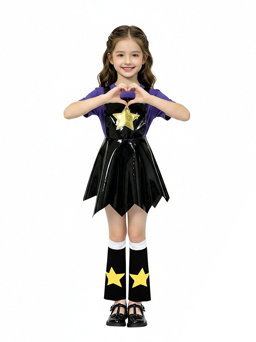 Poppy Playtime Lily Lovebraids Cosplay Costume Black PU Leather Star Pinafore Dress Set