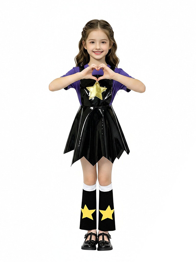 Poppy Playtime Lily Lovebraids Cosplay Costume Black PU Leather Star Pinafore Dress Set