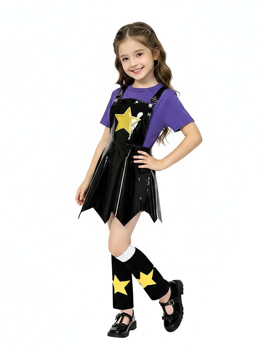 Poppy Playtime Lily Lovebraids Cosplay Costume Black PU Leather Star Pinafore Dress Set
