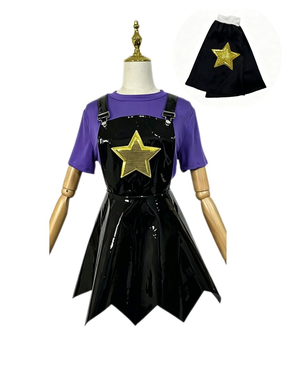 Poppy Playtime Lily Lovebraids Cosplay Costume Black PU Leather Star Pinafore Dress Set