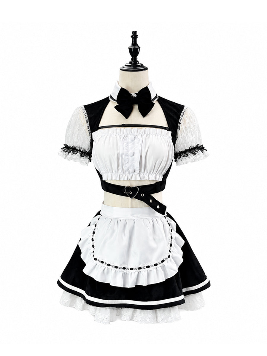 Anime Maid Cosplay Costume Set Velvet Crop Top with Maid Apron Mini Skirt