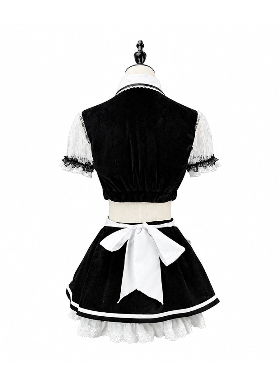 Anime Maid Cosplay Costume Set Velvet Crop Top with Maid Apron Mini Skirt