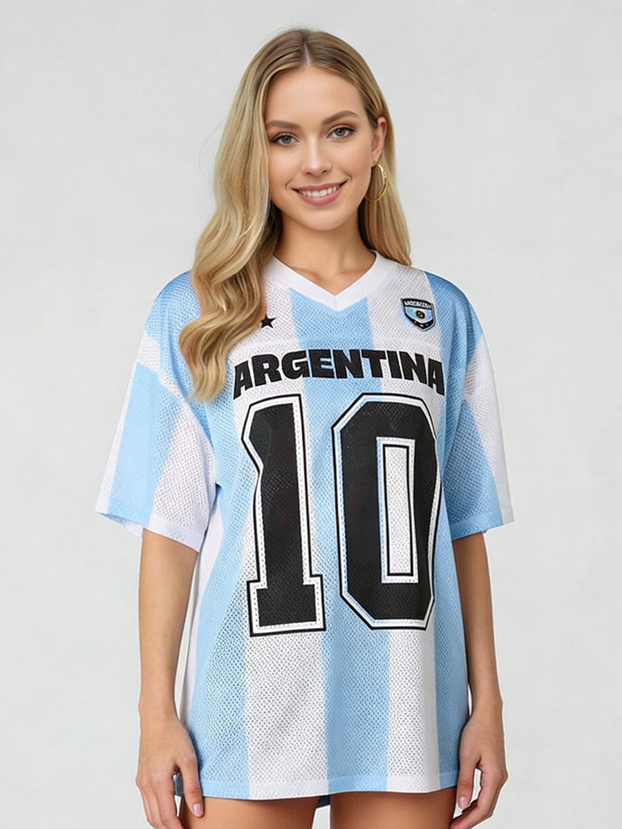 Argentina Soccer Jersey for Women Argentina Striped Oversized Shirt Casual Vacation Short Sleeve Tops 