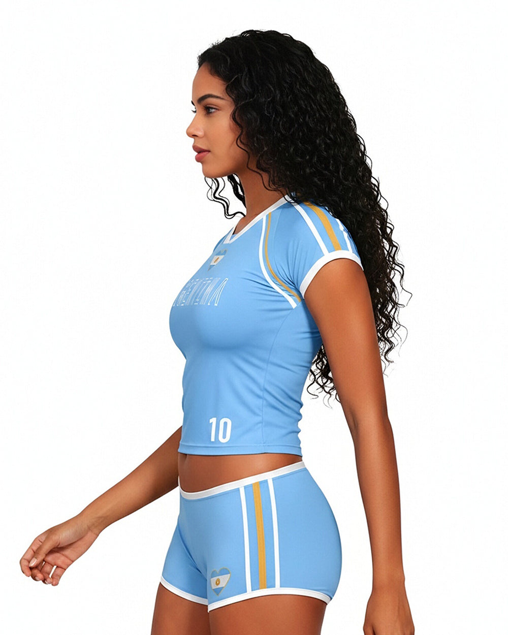 Women's Argentina Soccer Jersey Outfit Slim Fit Sporty Cropped T-Shirt and Shorts