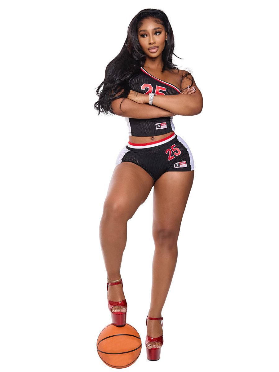 Two Piece Cheerleader Jersey Set One-Shoulder Crop Top and High Cut Shorts