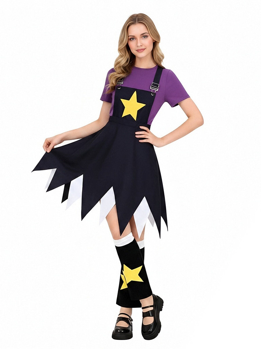Poppy Playtime Lily Lovebraids Cosplay Costume Purple T-Shirt and Jagged Suspender Skirt Set