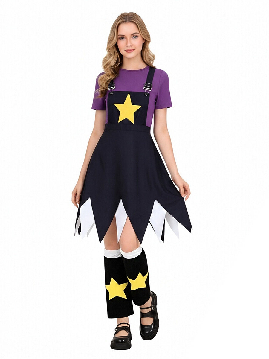 Poppy Playtime Lily Lovebraids Cosplay Costume Purple T-Shirt and Jagged Suspender Skirt Set