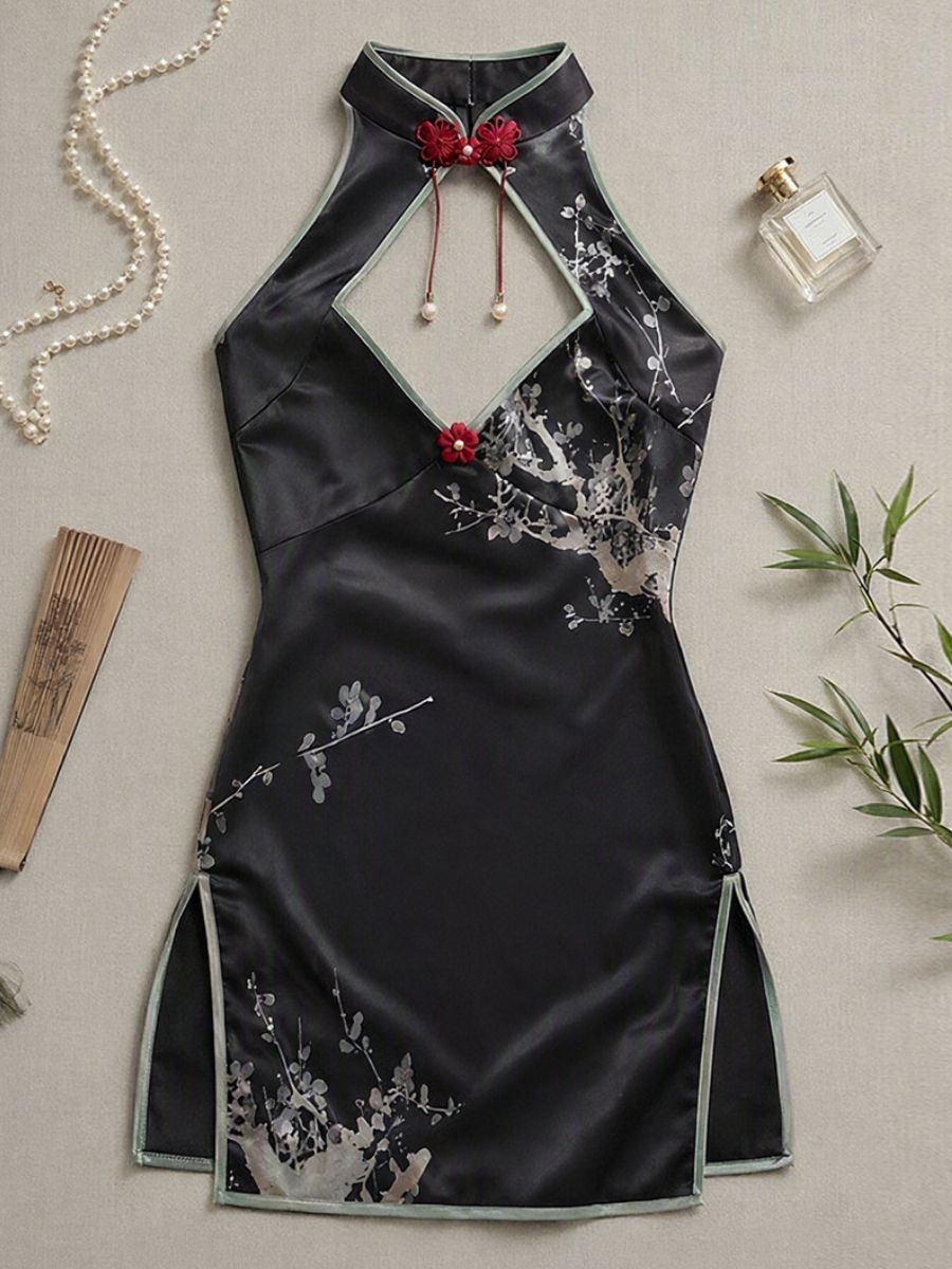 Modern Cheongsam Mini Dress Black Satin Floral Backless High Slit Qipao Lingerie 