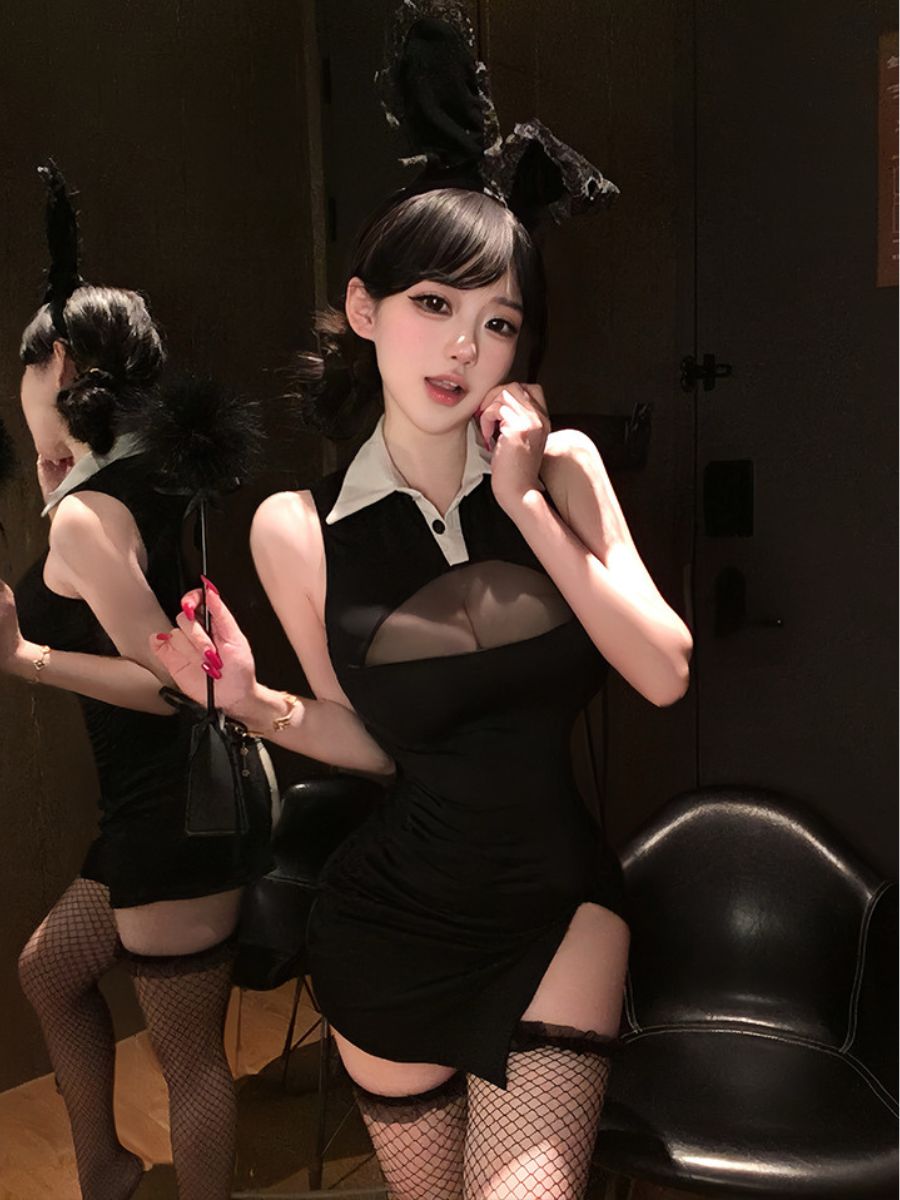 Sexy Black Bunny Girl Cosplay Set Collared Keyhole Mini Dress with Lace Ears Headband