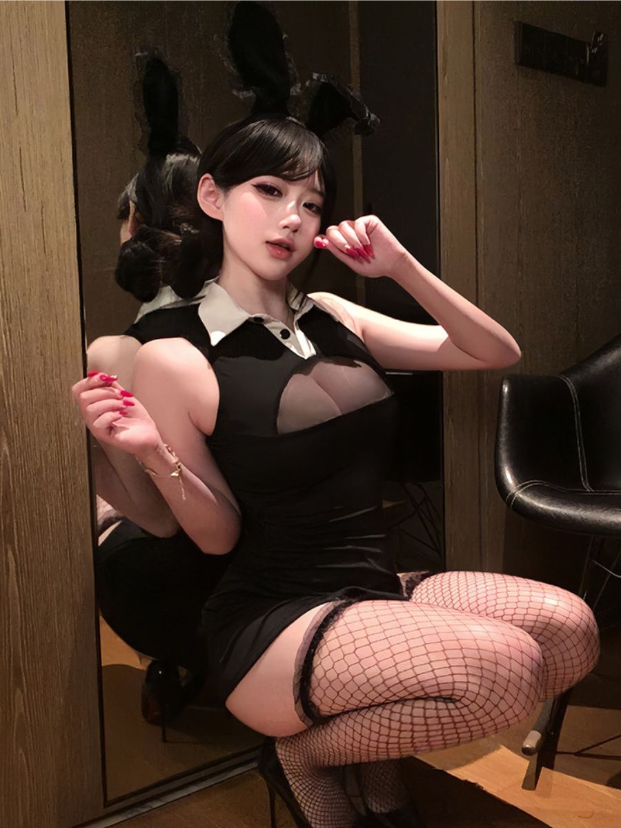 Sexy Black Bunny Girl Cosplay Set Collared Keyhole Mini Dress with Lace Ears Headband