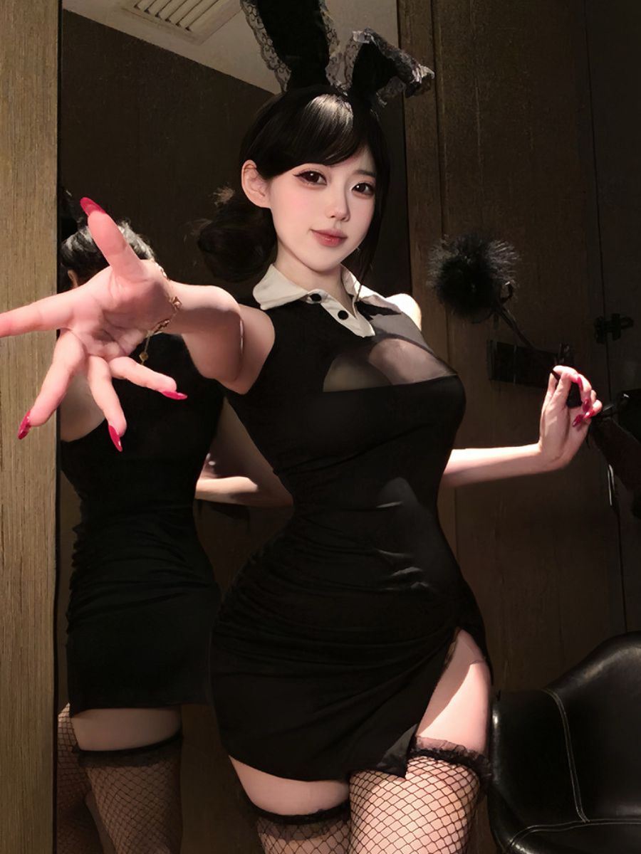 Sexy Black Bunny Girl Cosplay Set Collared Keyhole Mini Dress with Lace Ears Headband