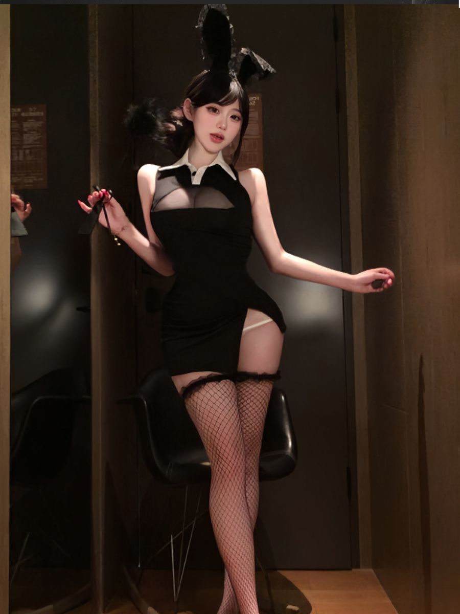 Sexy Black Bunny Girl Cosplay Set Collared Keyhole Mini Dress with Lace Ears Headband
