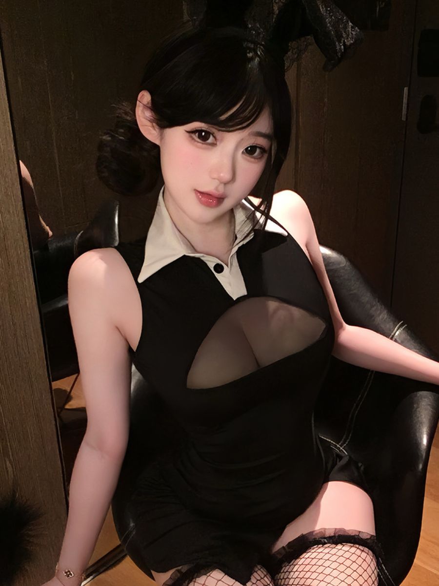 Sexy Black Bunny Girl Cosplay Set Collared Keyhole Mini Dress with Lace Ears Headband