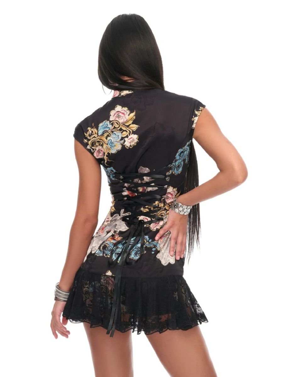 Modern Floral Cheongsam Mini Dress Black Chinese Style Qipao Dress with Lace-Up Back