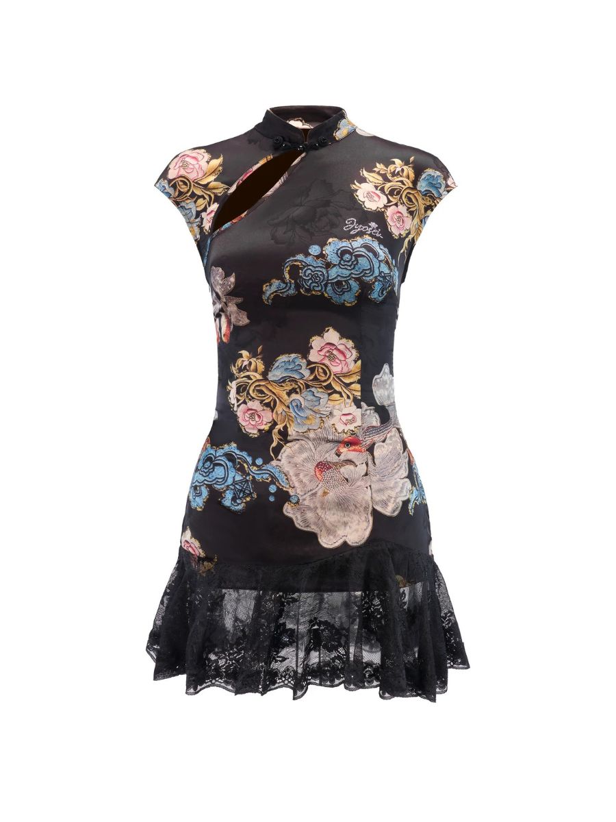 Modern Floral Cheongsam Mini Dress Black Chinese Style Qipao Dress with Lace-Up Back