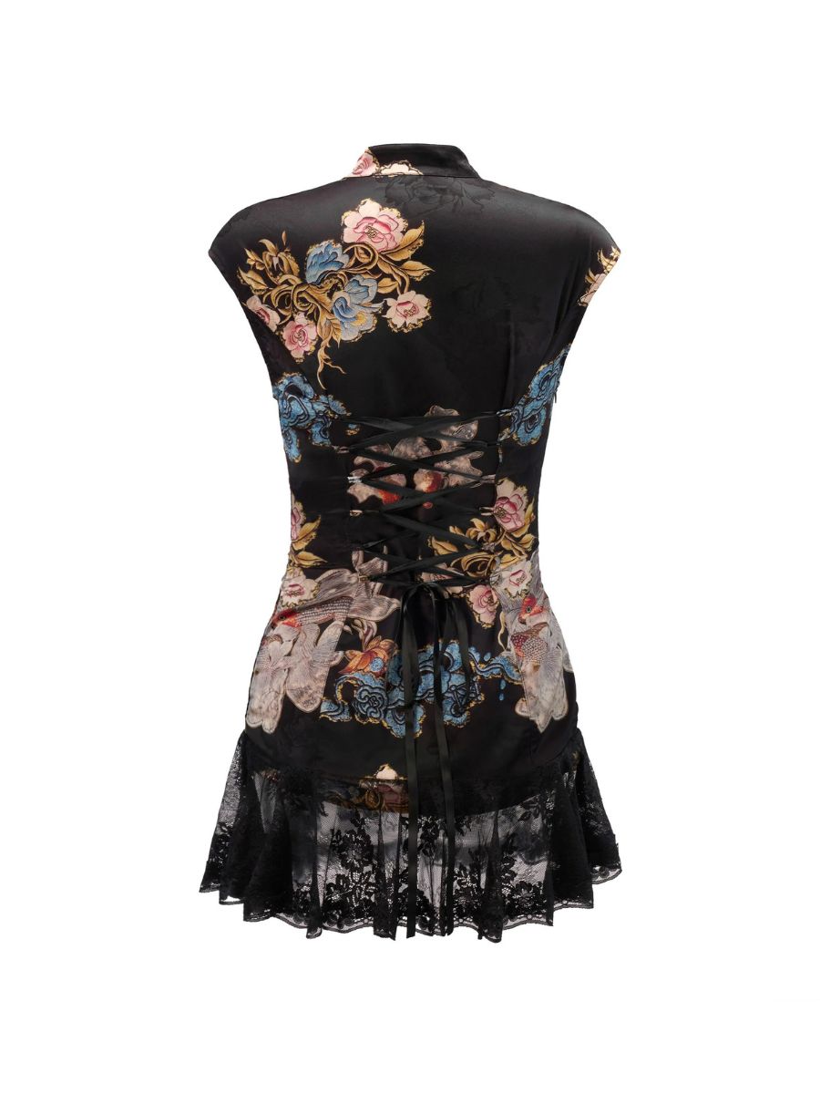 Modern Floral Cheongsam Mini Dress Black Chinese Style Qipao Dress with Lace-Up Back