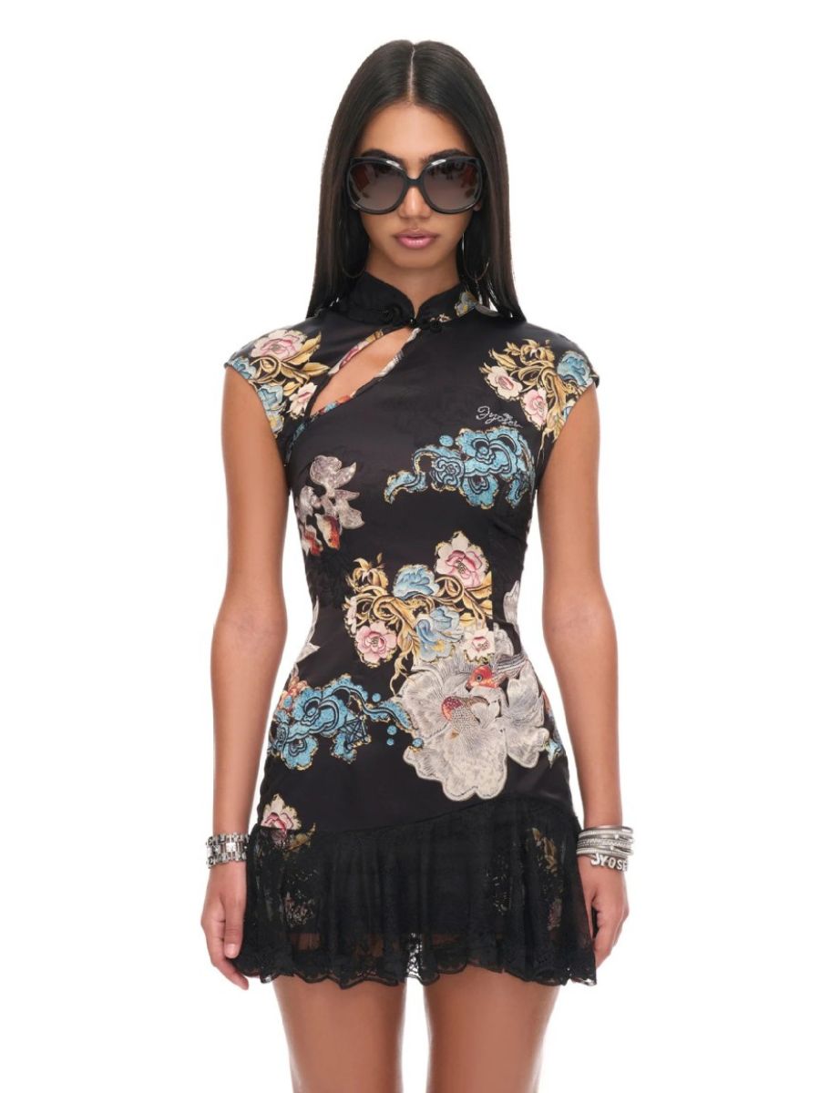 Modern Floral Cheongsam Mini Dress Black Chinese Style Qipao Dress with Lace-Up Back