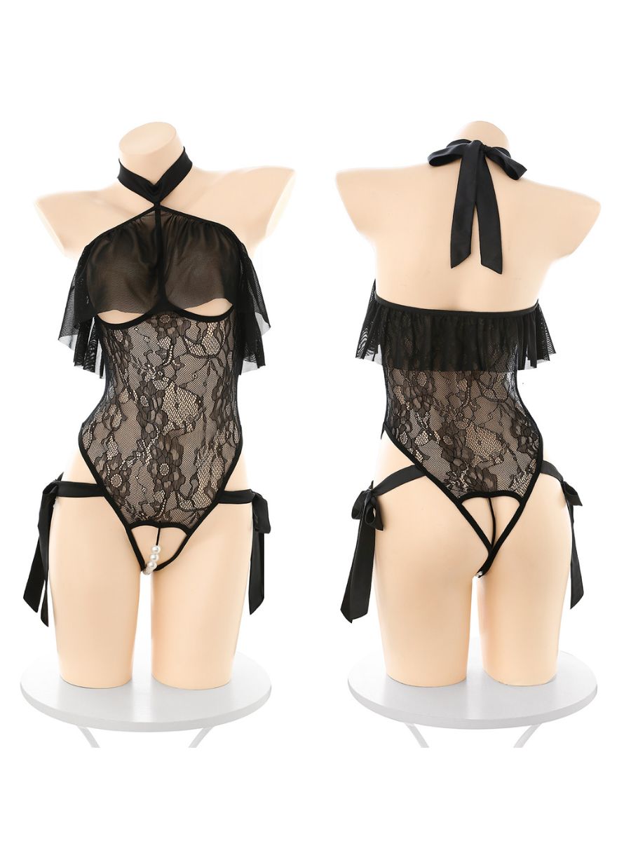 Black Floral Lace Bodysuit Lingeire Sheer Open Cup Ruffled Teddy