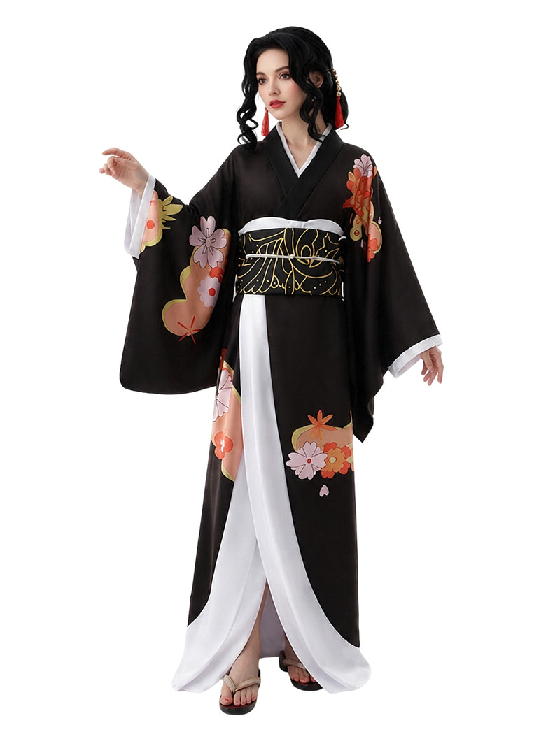 Demon Slayer Muzan Kibutsuji Costume Black Floral Print Japanese Kimono with Obi Belt