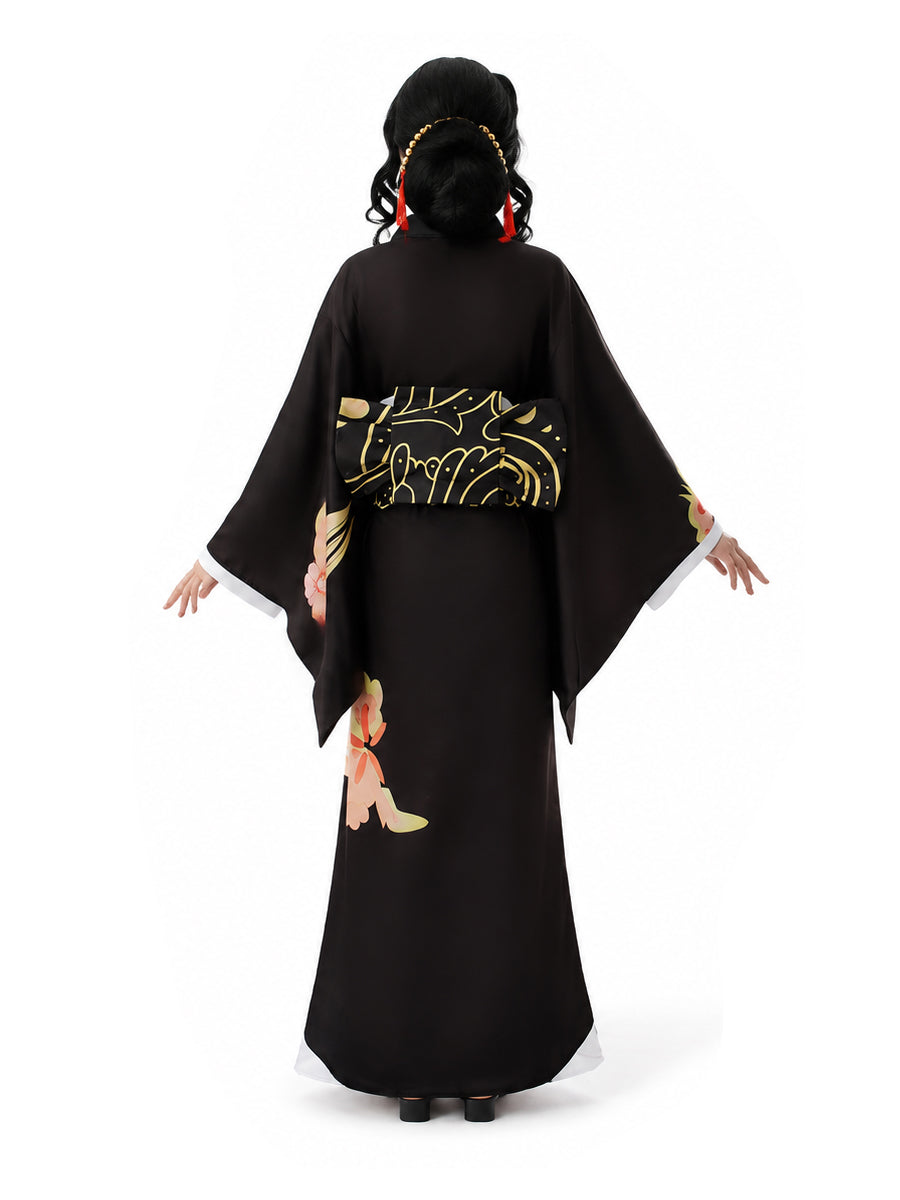 Demon Slayer Muzan Kibutsuji Costume Black Floral Print Japanese Kimono with Obi Belt