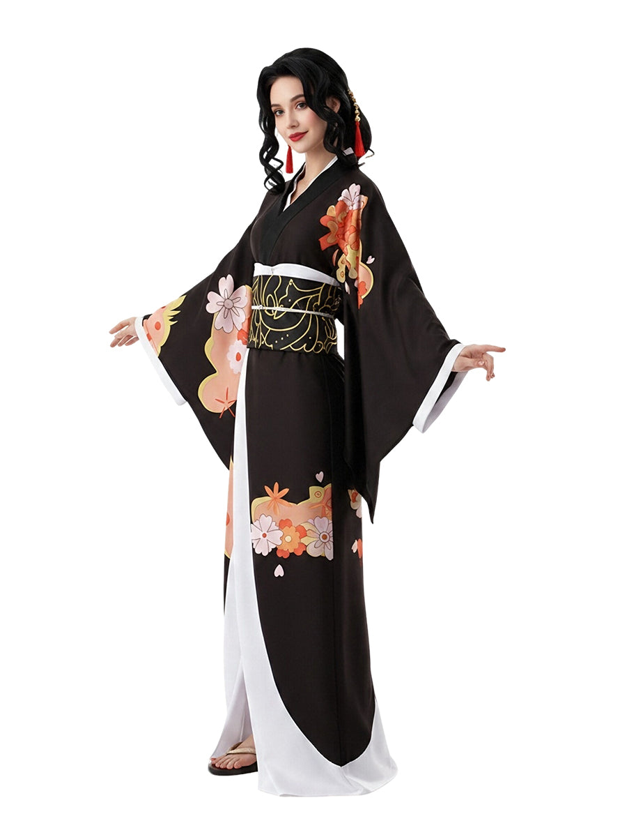 Demon Slayer Muzan Kibutsuji Costume Black Floral Print Japanese Kimono with Obi Belt