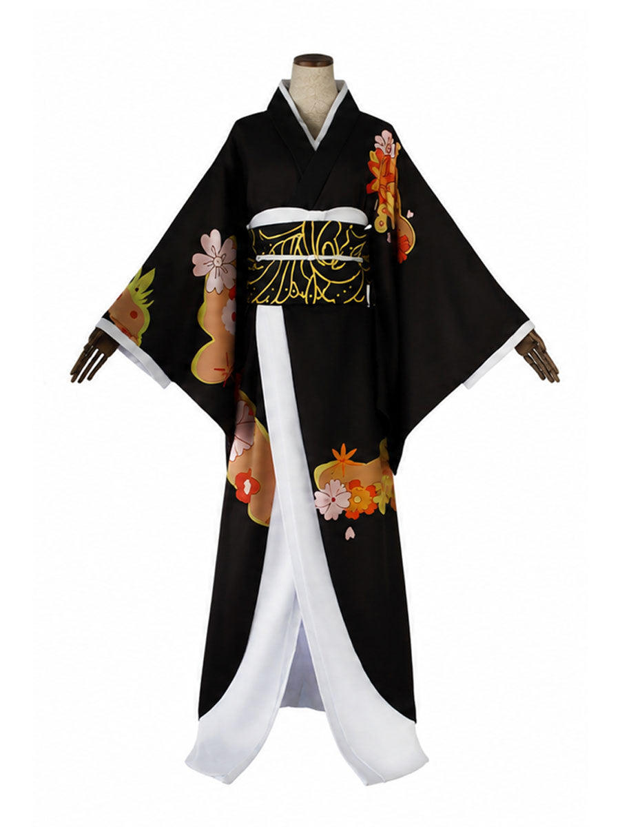 Demon Slayer Muzan Kibutsuji Costume Black Floral Print Japanese Kimono with Obi Belt