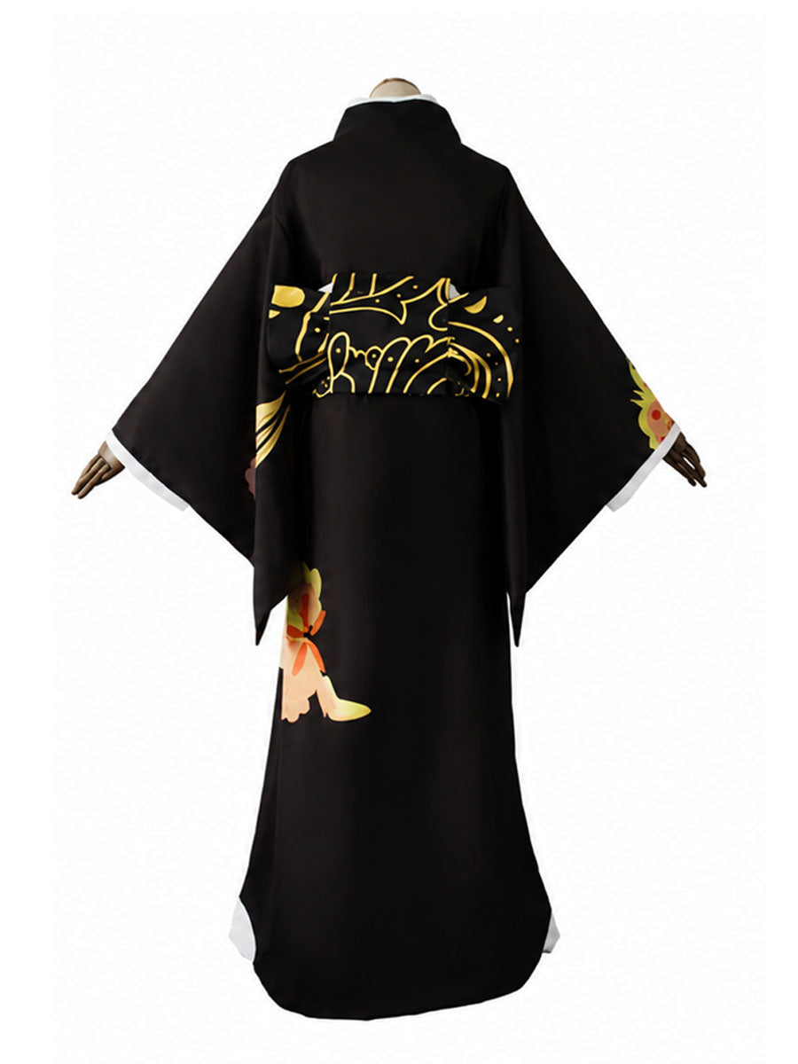 Demon Slayer Muzan Kibutsuji Costume Black Floral Print Japanese Kimono with Obi Belt