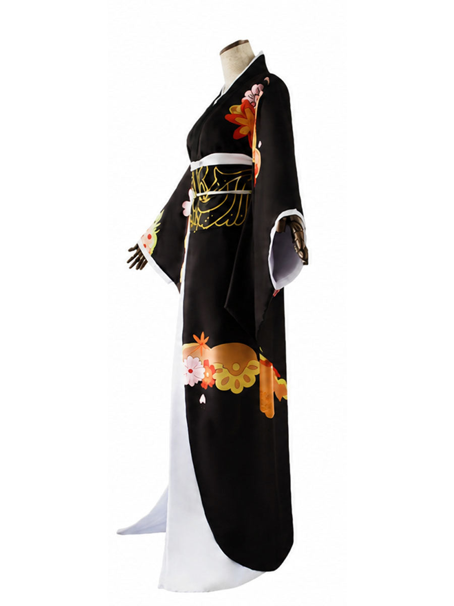 Demon Slayer Muzan Kibutsuji Costume Black Floral Print Japanese Kimono with Obi Belt