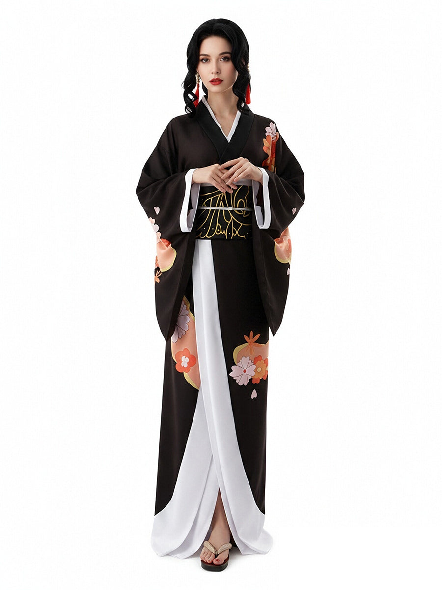 Demon Slayer Muzan Kibutsuji Costume Black Floral Print Japanese Kimono with Obi Belt