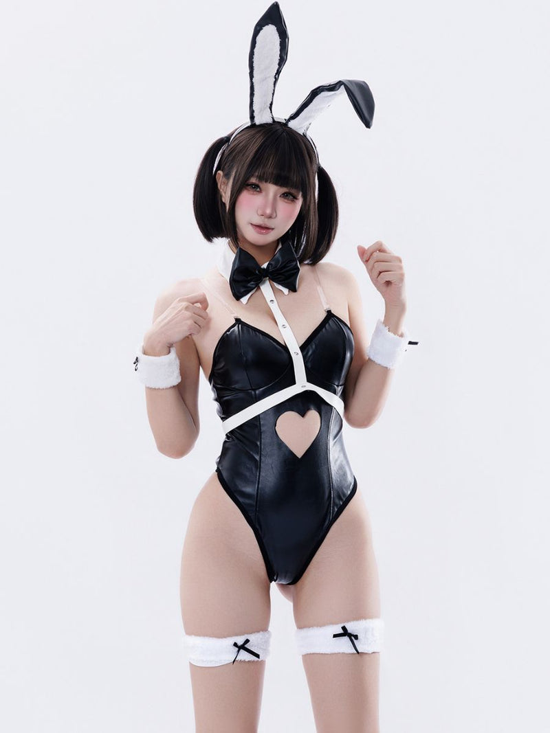 Sexy Faux Leather Bunny Girl Costume Kawaii Heart Cutout Teddy Lingerie Set